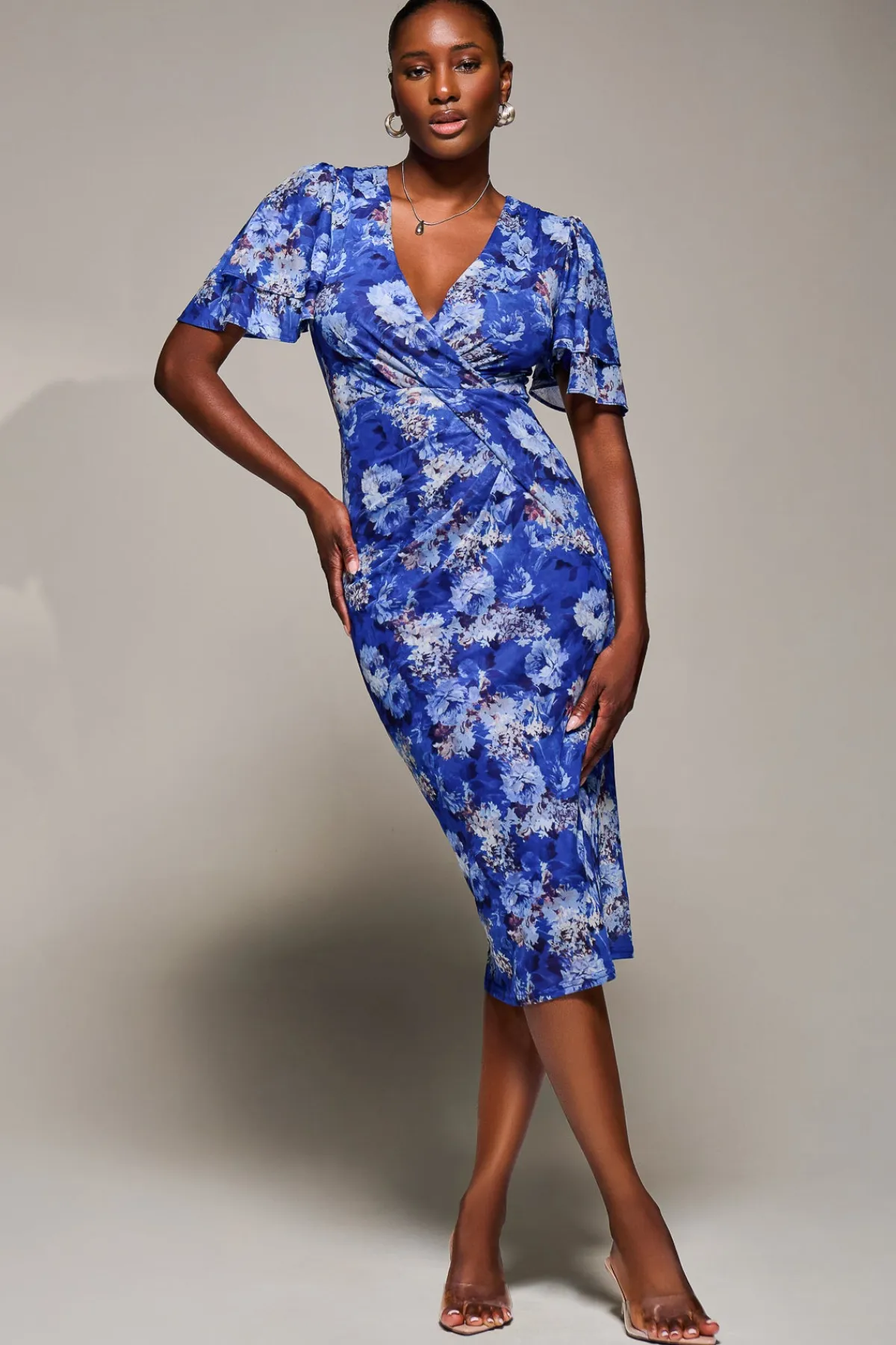 Jolie Moi Occasion Dresses|Floral Dresses-Angel Sleeve Mesh Bodycon Dress, Blue floral