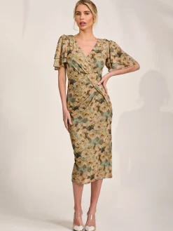 Jolie Moi Occasion Dresses|Mesh Dresses-Angel Sleeve Mesh Bodycon Dress, Green Abstract