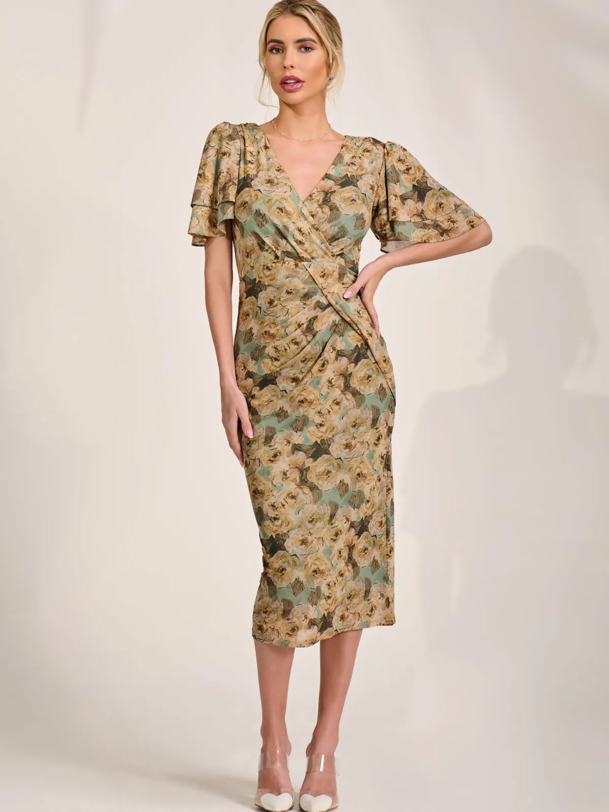 Jolie Moi Occasion Dresses|Mesh Dresses-Angel Sleeve Mesh Bodycon Dress, Green Abstract