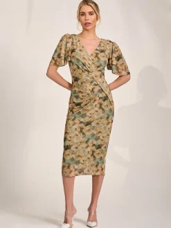 Jolie Moi Occasion Dresses|Mesh Dresses-Angel Sleeve Mesh Bodycon Dress, Green Abstract