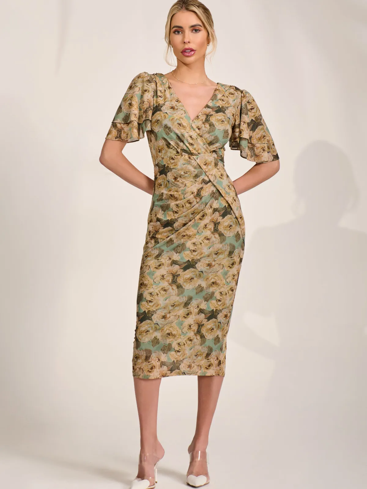 Jolie Moi Occasion Dresses|Mesh Dresses-Angel Sleeve Mesh Bodycon Dress, Green Abstract