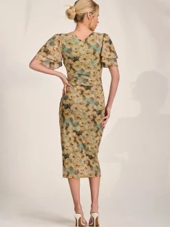 Jolie Moi Occasion Dresses|Mesh Dresses-Angel Sleeve Mesh Bodycon Dress, Green Abstract