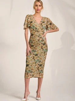 Jolie Moi Occasion Dresses|Mesh Dresses-Angel Sleeve Mesh Bodycon Dress, Green Abstract