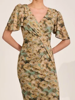 Jolie Moi Occasion Dresses|Mesh Dresses-Angel Sleeve Mesh Bodycon Dress, Green Abstract