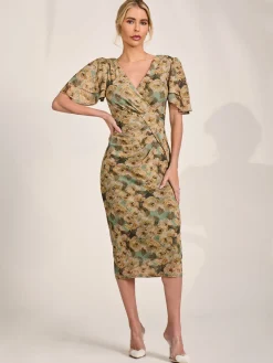 Jolie Moi Occasion Dresses|Mesh Dresses-Angel Sleeve Mesh Bodycon Dress, Green Abstract
