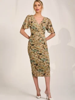 Jolie Moi Occasion Dresses|Mesh Dresses-Angel Sleeve Mesh Bodycon Dress, Green Abstract