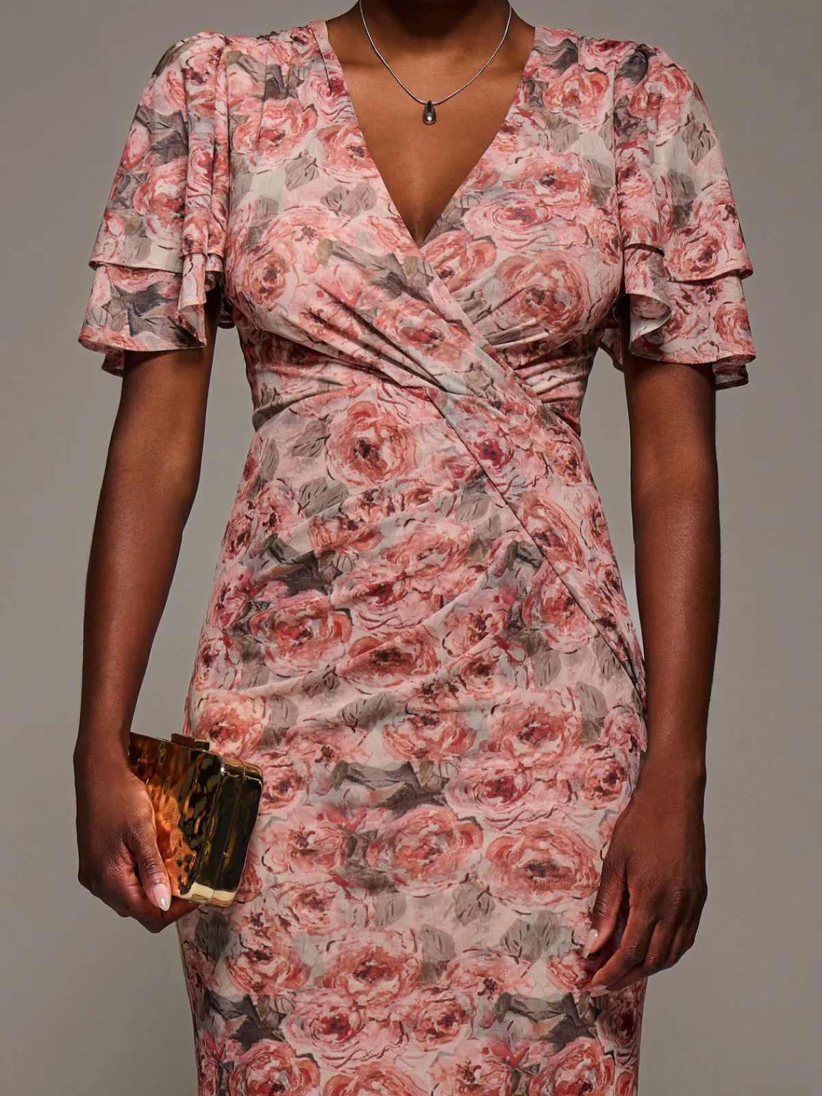 Jolie Moi Occasion Dresses|Floral Dresses-Angel Sleeve Mesh Bodycon Dress, Pink Abstract