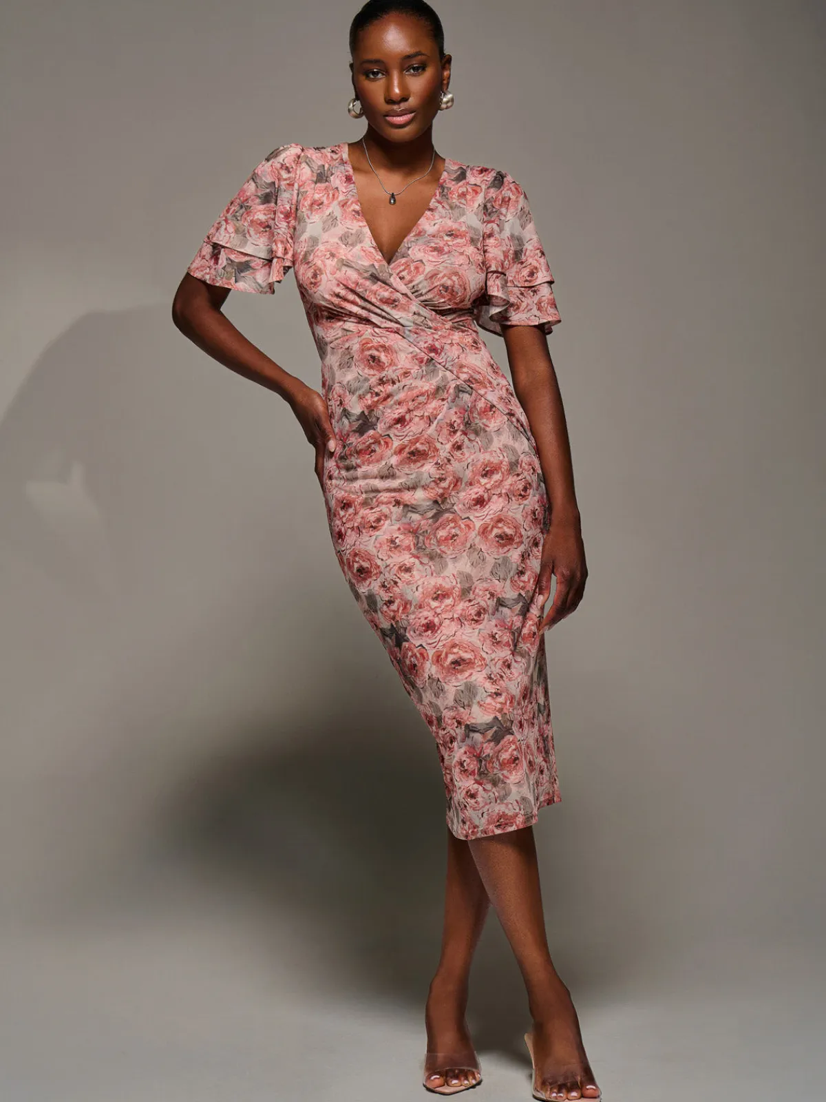 Jolie Moi Occasion Dresses|Floral Dresses-Angel Sleeve Mesh Bodycon Dress, Pink Abstract