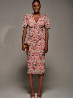 Jolie Moi Occasion Dresses|Floral Dresses-Angel Sleeve Mesh Bodycon Dress, Pink Abstract