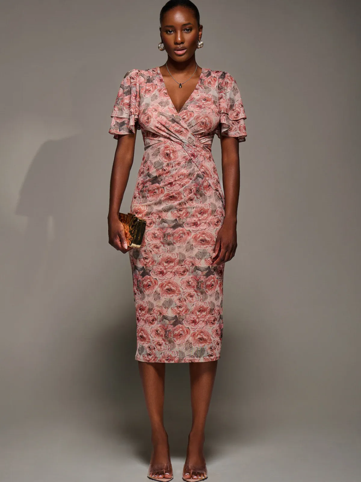 Jolie Moi Occasion Dresses|Floral Dresses-Angel Sleeve Mesh Bodycon Dress, Pink Abstract