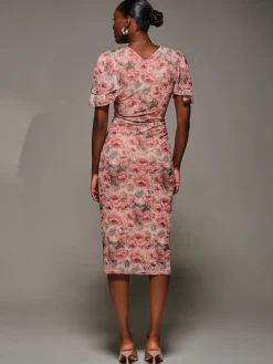 Jolie Moi Occasion Dresses|Floral Dresses-Angel Sleeve Mesh Bodycon Dress, Pink Abstract