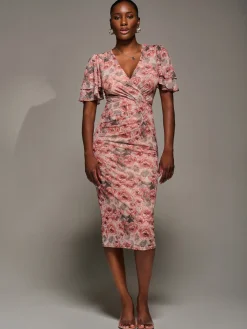 Jolie Moi Occasion Dresses|Floral Dresses-Angel Sleeve Mesh Bodycon Dress, Pink Abstract