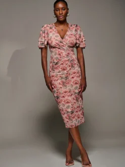 Jolie Moi Occasion Dresses|Floral Dresses-Angel Sleeve Mesh Bodycon Dress, Pink Abstract