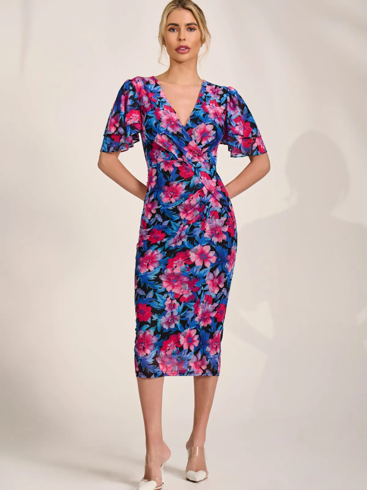 Jolie Moi Occasion Dresses|Floral Dresses-Angel Sleeve Mesh Bodycon Dress, Pink floral