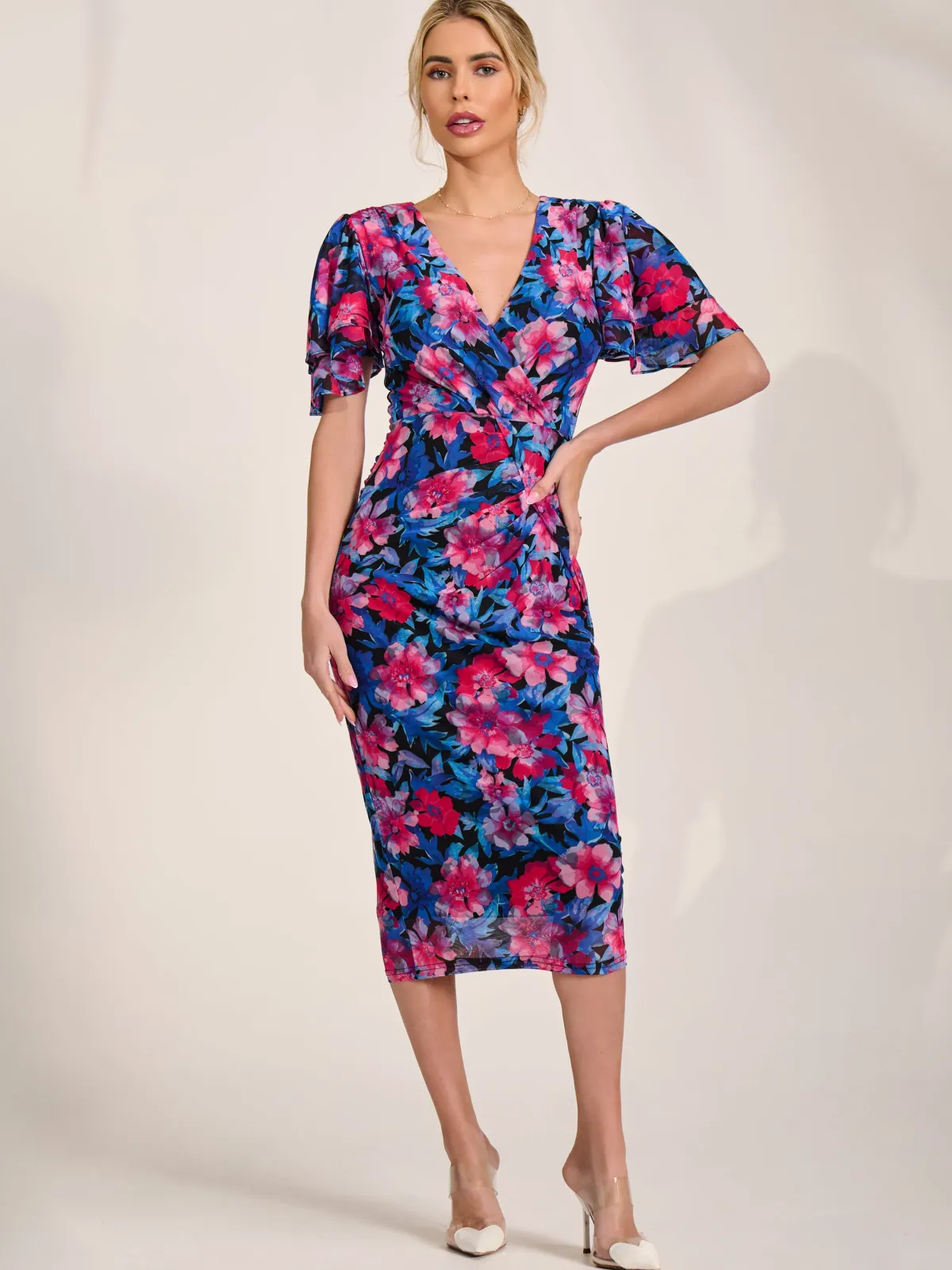 Jolie Moi Occasion Dresses|Floral Dresses-Angel Sleeve Mesh Bodycon Dress, Pink floral