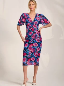 Jolie Moi Occasion Dresses|Floral Dresses-Angel Sleeve Mesh Bodycon Dress, Pink floral