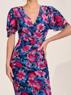 Jolie Moi Occasion Dresses|Floral Dresses-Angel Sleeve Mesh Bodycon Dress, Pink floral