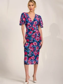 Jolie Moi Occasion Dresses|Floral Dresses-Angel Sleeve Mesh Bodycon Dress, Pink floral
