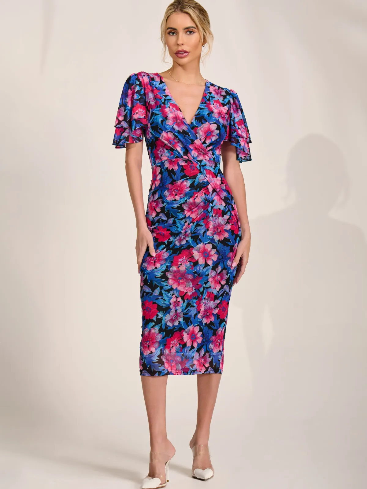 Jolie Moi Occasion Dresses|Floral Dresses-Angel Sleeve Mesh Bodycon Dress, Pink floral