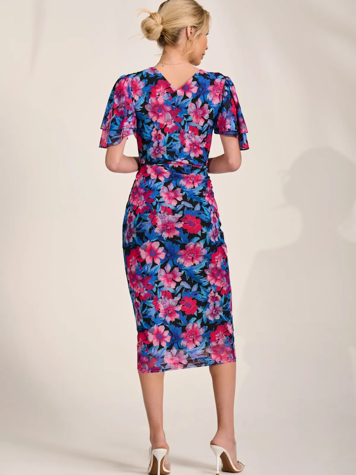 Jolie Moi Occasion Dresses|Floral Dresses-Angel Sleeve Mesh Bodycon Dress, Pink floral