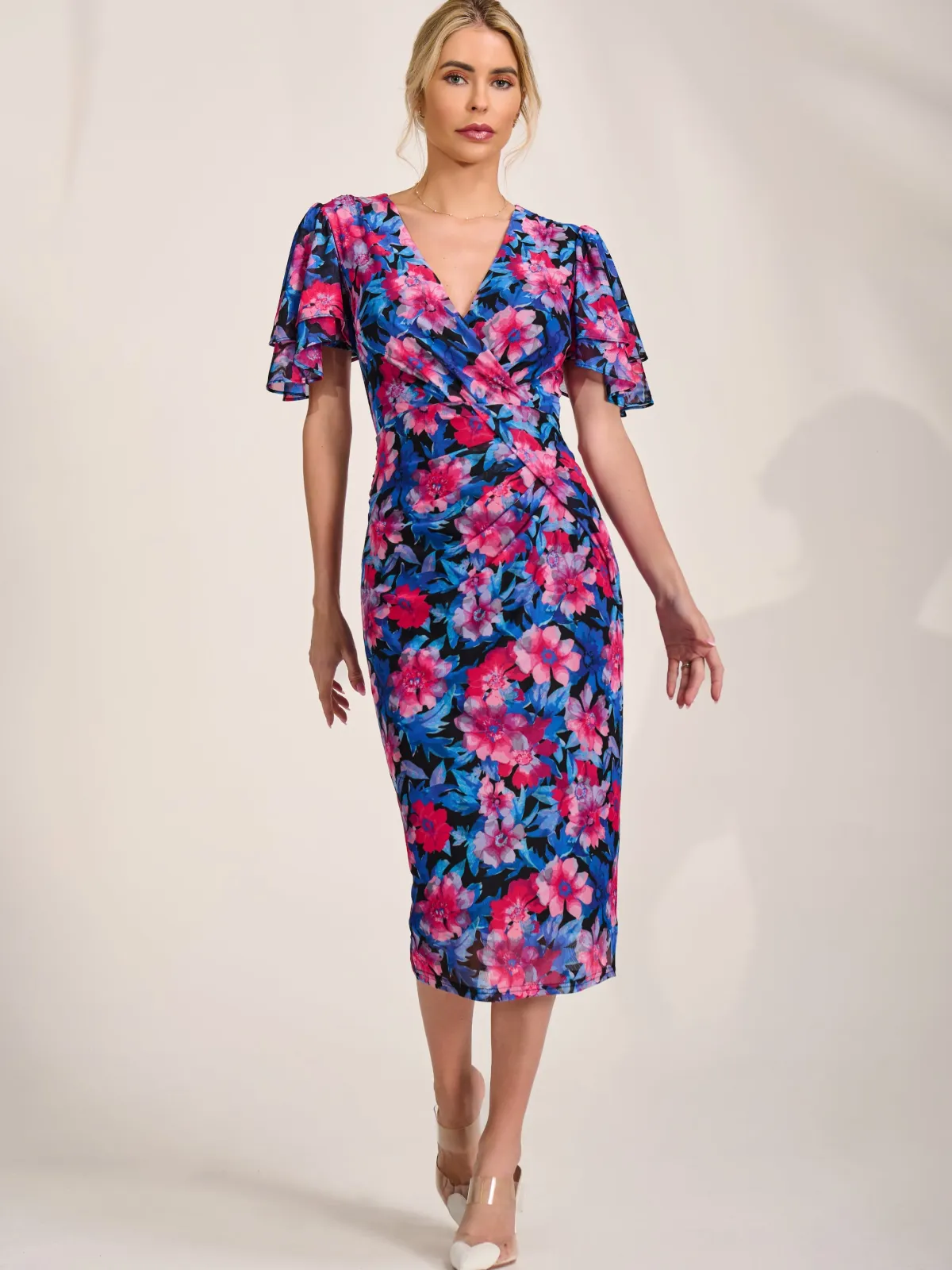 Jolie Moi Occasion Dresses|Floral Dresses-Angel Sleeve Mesh Bodycon Dress, Pink floral