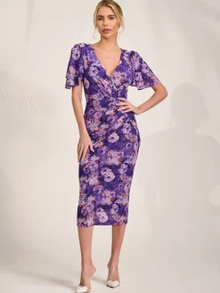 Jolie Moi Occasion Dresses|Floral Dresses-Angel Sleeve Mesh Bodycon Dress, Purple floral