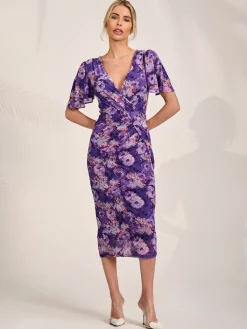Jolie Moi Occasion Dresses|Floral Dresses-Angel Sleeve Mesh Bodycon Dress, Purple floral
