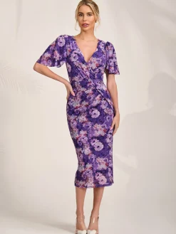 Jolie Moi Occasion Dresses|Floral Dresses-Angel Sleeve Mesh Bodycon Dress, Purple floral