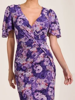 Jolie Moi Occasion Dresses|Floral Dresses-Angel Sleeve Mesh Bodycon Dress, Purple floral