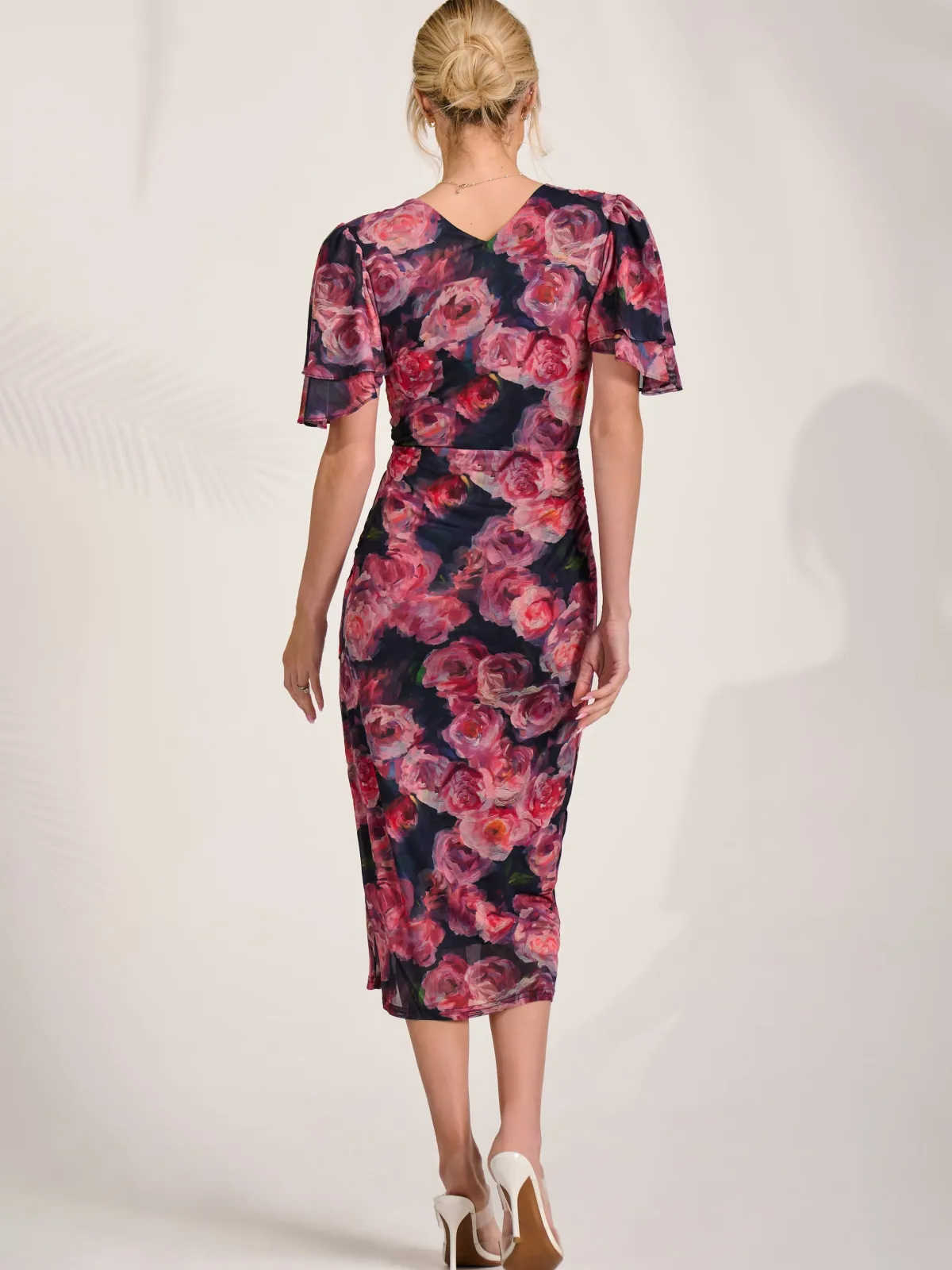 Jolie Moi Occasion Dresses|Floral Dresses-Angel Sleeve Mesh Bodycon Dress, Red floral