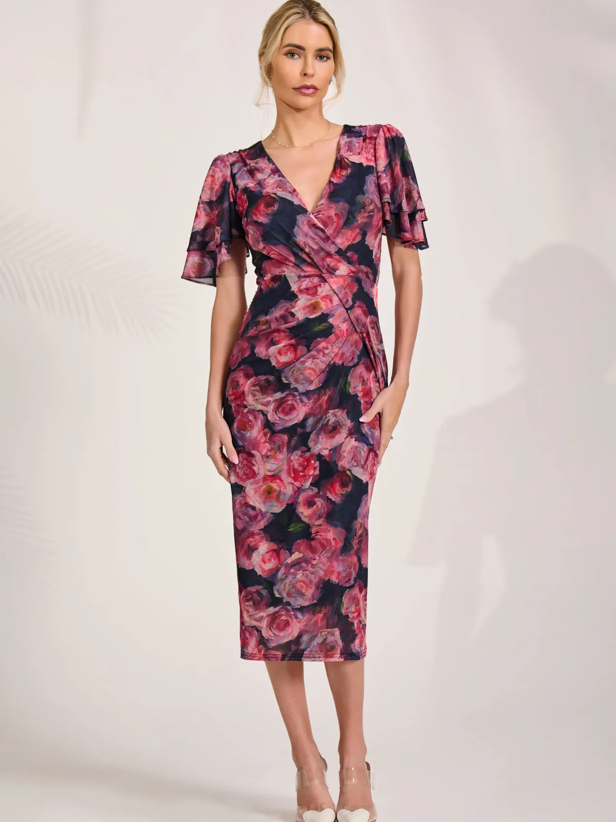 Jolie Moi Occasion Dresses|Floral Dresses-Angel Sleeve Mesh Bodycon Dress, Red floral