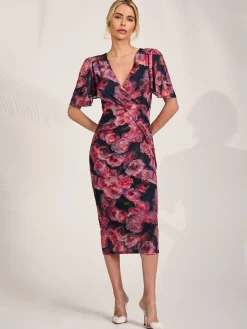 Jolie Moi Occasion Dresses|Floral Dresses-Angel Sleeve Mesh Bodycon Dress, Red floral