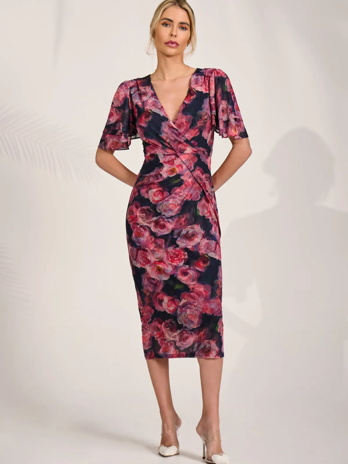 Jolie Moi Occasion Dresses|Floral Dresses-Angel Sleeve Mesh Bodycon Dress, Red floral
