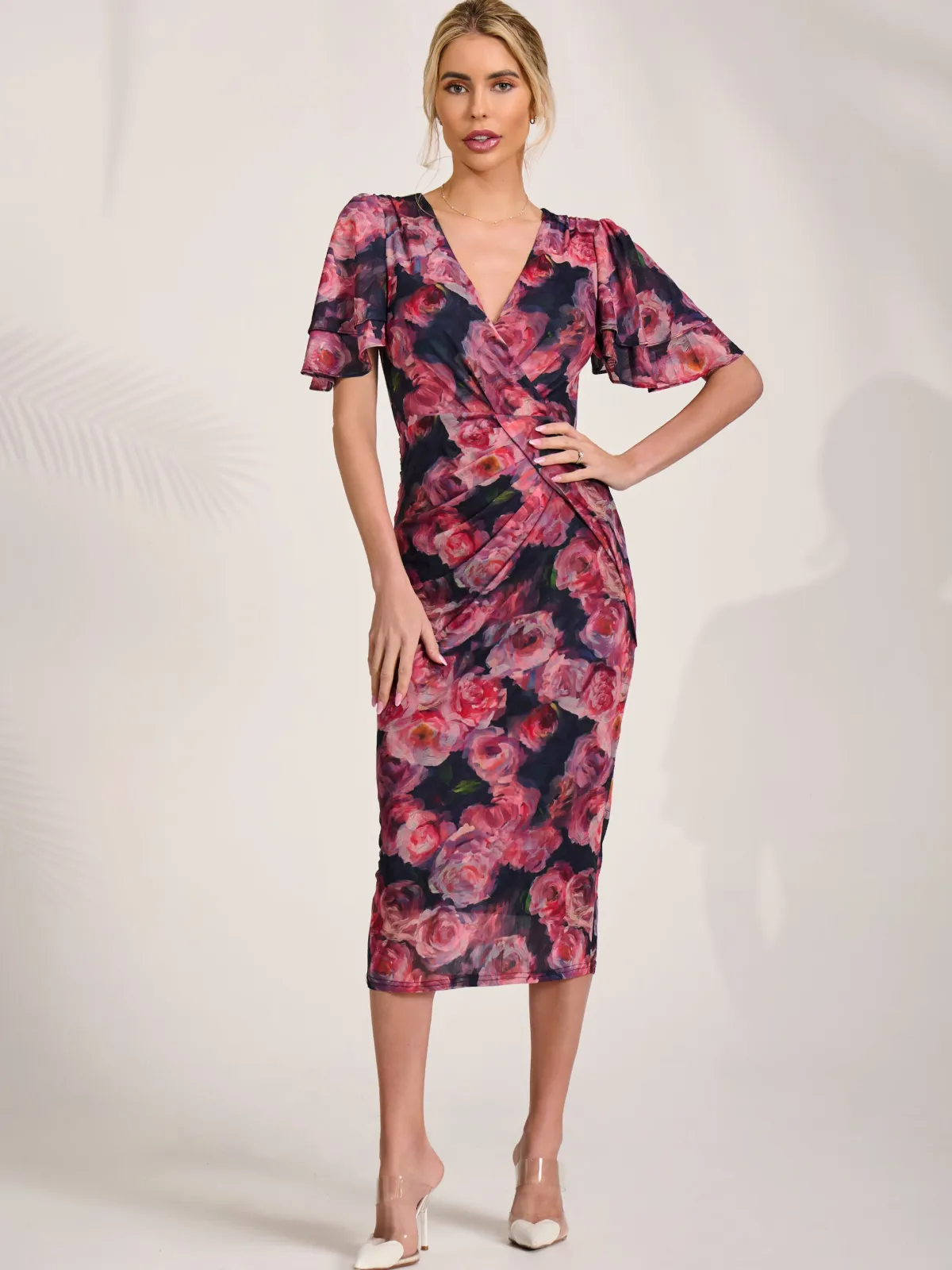 Jolie Moi Occasion Dresses|Floral Dresses-Angel Sleeve Mesh Bodycon Dress, Red floral