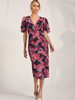 Jolie Moi Occasion Dresses|Floral Dresses-Angel Sleeve Mesh Bodycon Dress, Red floral