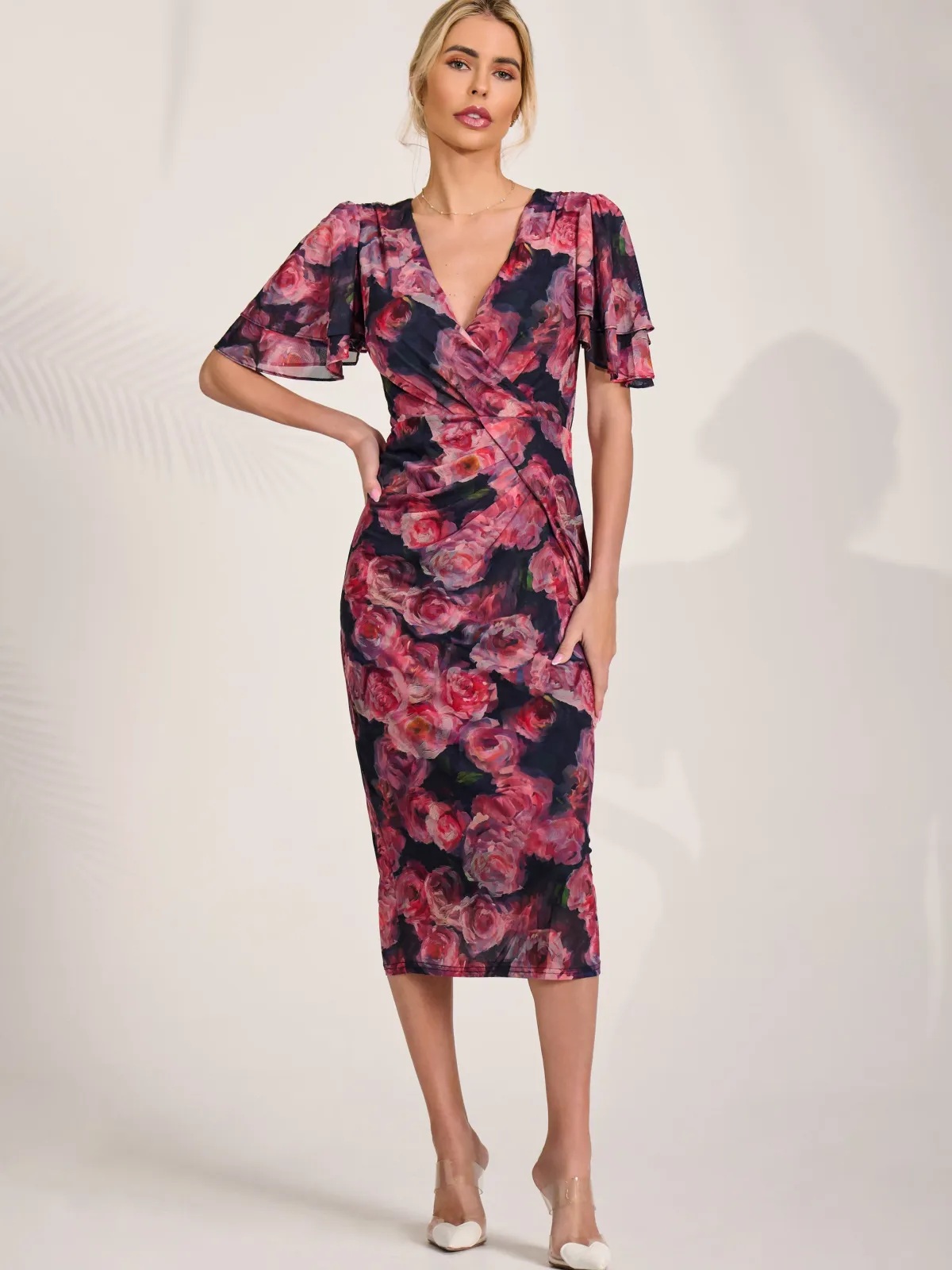 Jolie Moi Occasion Dresses|Floral Dresses-Angel Sleeve Mesh Bodycon Dress, Red floral