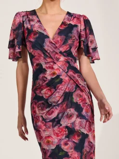 Jolie Moi Occasion Dresses|Floral Dresses-Angel Sleeve Mesh Bodycon Dress, Red floral