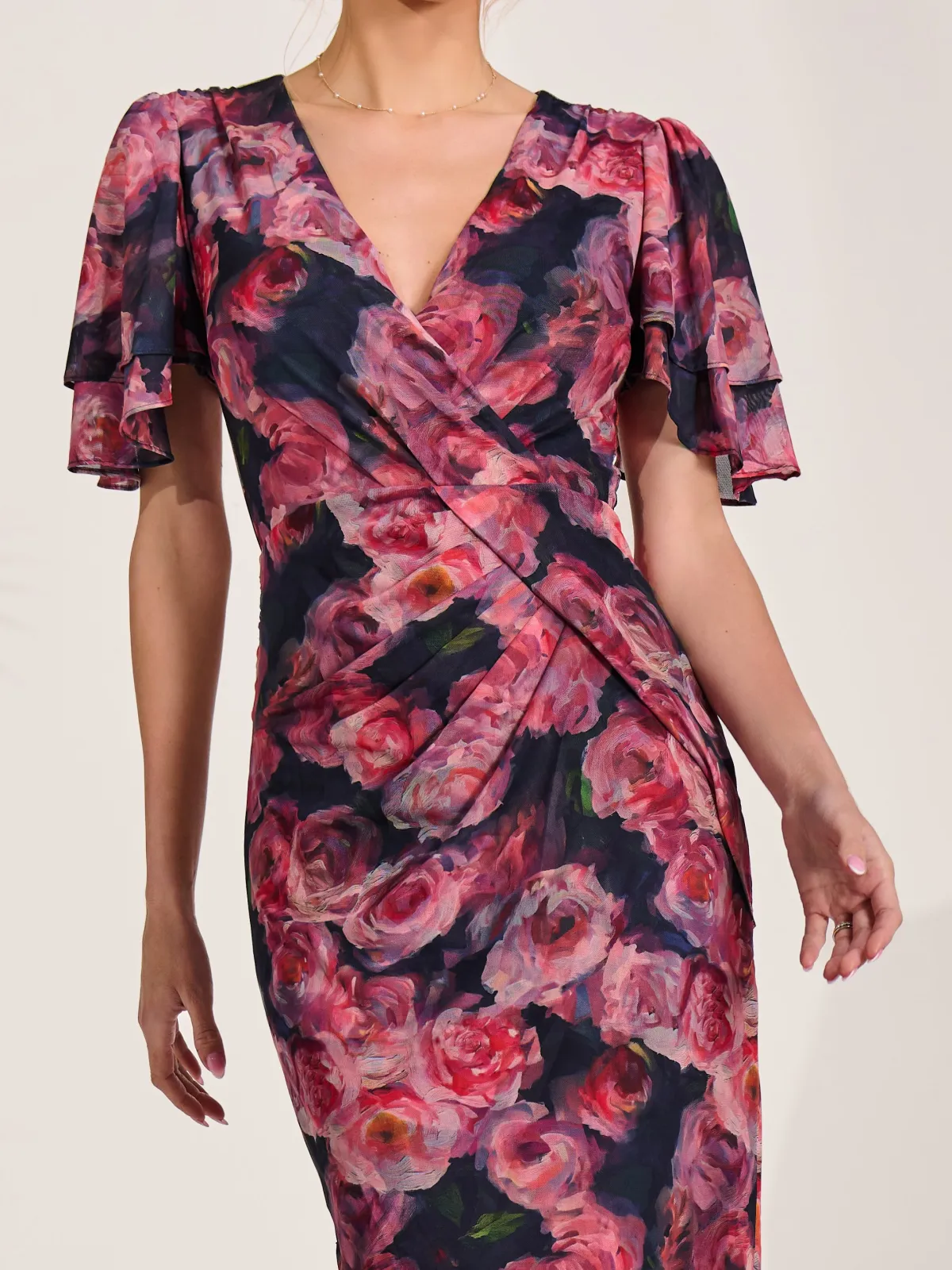 Jolie Moi Occasion Dresses|Floral Dresses-Angel Sleeve Mesh Bodycon Dress, Red floral
