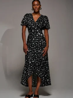 Jolie Moi Occasion Dresses|Wrap Dresses-Angel Sleeve Mesh Frill Wrap Maxi Dress, Black Spot