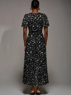 Jolie Moi Occasion Dresses|Wrap Dresses-Angel Sleeve Mesh Frill Wrap Maxi Dress, Black Spot