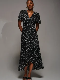 Jolie Moi Occasion Dresses|Wrap Dresses-Angel Sleeve Mesh Frill Wrap Maxi Dress, Black Spot