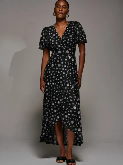 Jolie Moi Occasion Dresses|Wrap Dresses-Angel Sleeve Mesh Frill Wrap Maxi Dress, Black Spot
