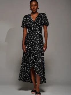 Jolie Moi Occasion Dresses|Wrap Dresses-Angel Sleeve Mesh Frill Wrap Maxi Dress, Black Spot