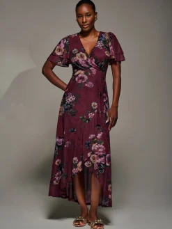 Jolie Moi Occasion Dresses|Floral Dresses-Angel Sleeve Mesh Frill Wrap Maxi Dress, Burgundy Floral