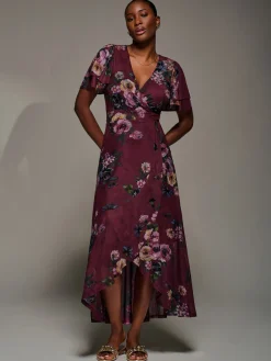 Jolie Moi Occasion Dresses|Floral Dresses-Angel Sleeve Mesh Frill Wrap Maxi Dress, Burgundy Floral