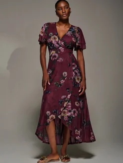 Jolie Moi Occasion Dresses|Floral Dresses-Angel Sleeve Mesh Frill Wrap Maxi Dress, Burgundy Floral