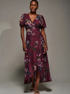 Jolie Moi Occasion Dresses|Floral Dresses-Angel Sleeve Mesh Frill Wrap Maxi Dress, Burgundy Floral