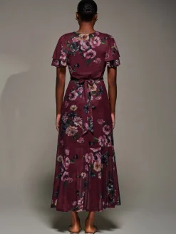 Jolie Moi Occasion Dresses|Floral Dresses-Angel Sleeve Mesh Frill Wrap Maxi Dress, Burgundy Floral