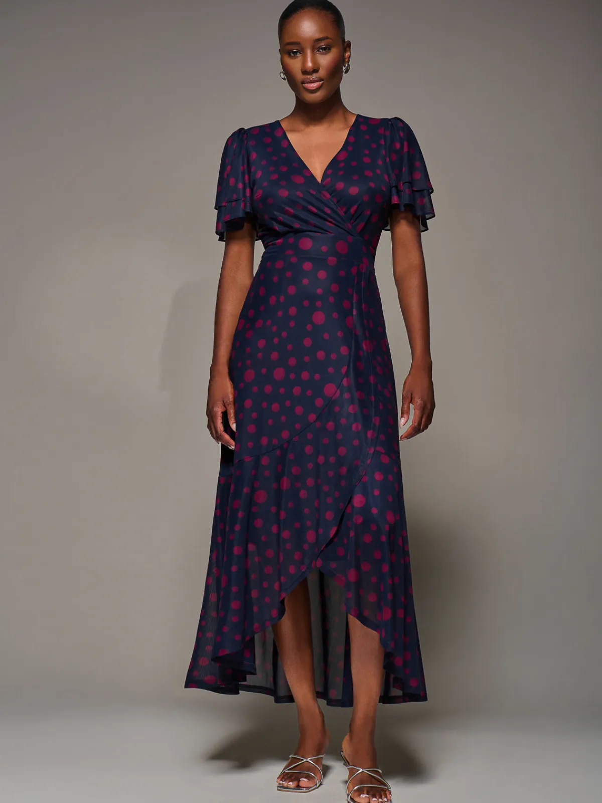 Jolie Moi Occasion Dresses|Party Dresses-Angel Sleeve Mesh Frill Wrap Maxi Dress, Navy Spot