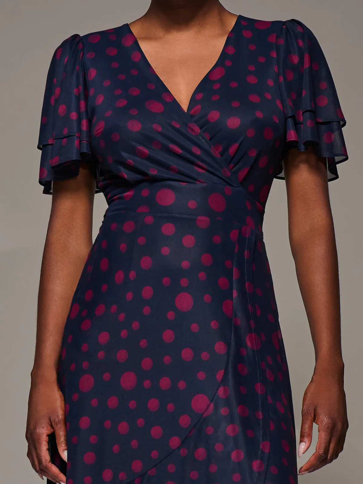 Jolie Moi Occasion Dresses|Party Dresses-Angel Sleeve Mesh Frill Wrap Maxi Dress, Navy Spot